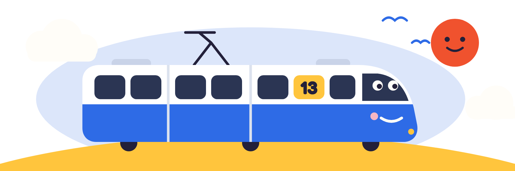 Ein fröhliches blaues Zürcher Tram der Linie 13